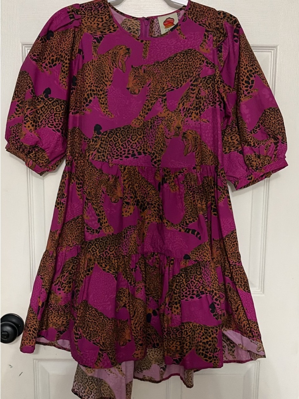 FARM Rio Magenta Leopard Print Tiered Mini Dress